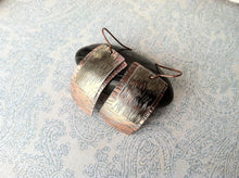 Load image into Gallery viewer, Sleek copper and silver earrings,  hammered metal earrings, mixed metal