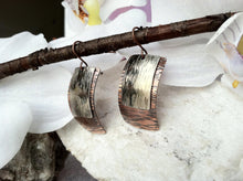 Load image into Gallery viewer, Sleek copper and silver earrings,  hammered metal earrings, mixed metal