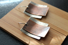 Load image into Gallery viewer, Mixed Metal Earrings, silver and copper earrings, modern earrings, handmade jewelry, rustic metal earring