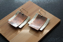 Load image into Gallery viewer, Mixed Metal Earrings, silver and copper earrings, modern earrings, handmade jewelry, rustic metal earring