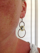 Load image into Gallery viewer, Mixed metal earrings, copper and brass circles, rustic jewelry, hammered metal earrings
