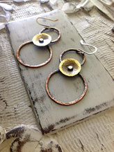 Load image into Gallery viewer, Mixed metal earrings, copper and brass circles, rustic jewelry, hammered metal earrings