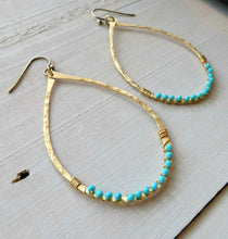 Load image into Gallery viewer, Hammered brass teardrops wirewrapped with turquoise colored beads