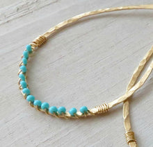 Load image into Gallery viewer, Hammered brass teardrops wirewrapped with turquoise colored beads