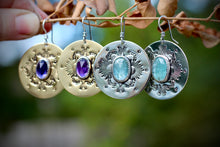 Load image into Gallery viewer, Amethyst or Blue Kyanite stamped sunburst earrings
