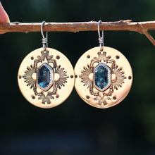 Load image into Gallery viewer, Blue kyanite and brass earrings with stamped design
