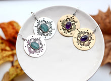 Load image into Gallery viewer, Amethyst or Blue Kyanite stamped sunburst earrings
