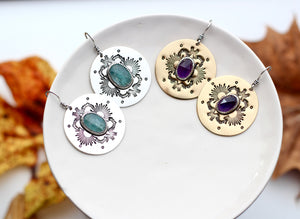 Amethyst or Blue Kyanite stamped sunburst earrings