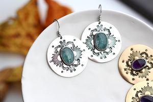 Amethyst or Blue Kyanite stamped sunburst earrings