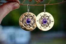 Load image into Gallery viewer, Amethyst or Blue Kyanite stamped sunburst earrings
