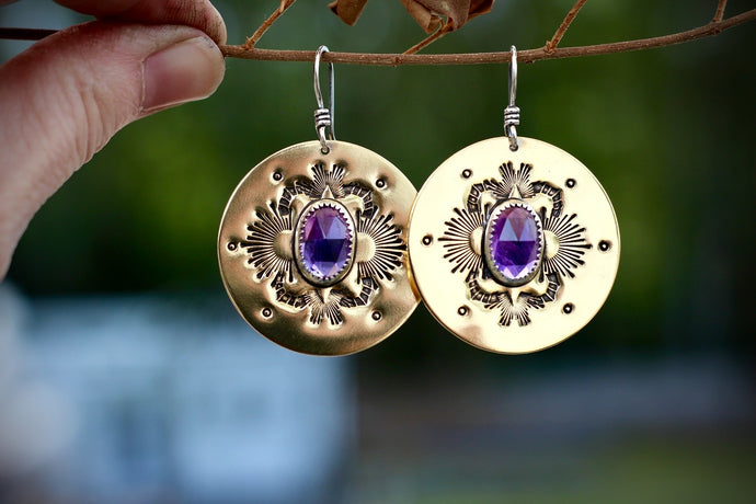 Amethyst or Blue Kyanite stamped sunburst earrings
