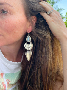 Rainbow moonstone fringe earrings - sterling silver