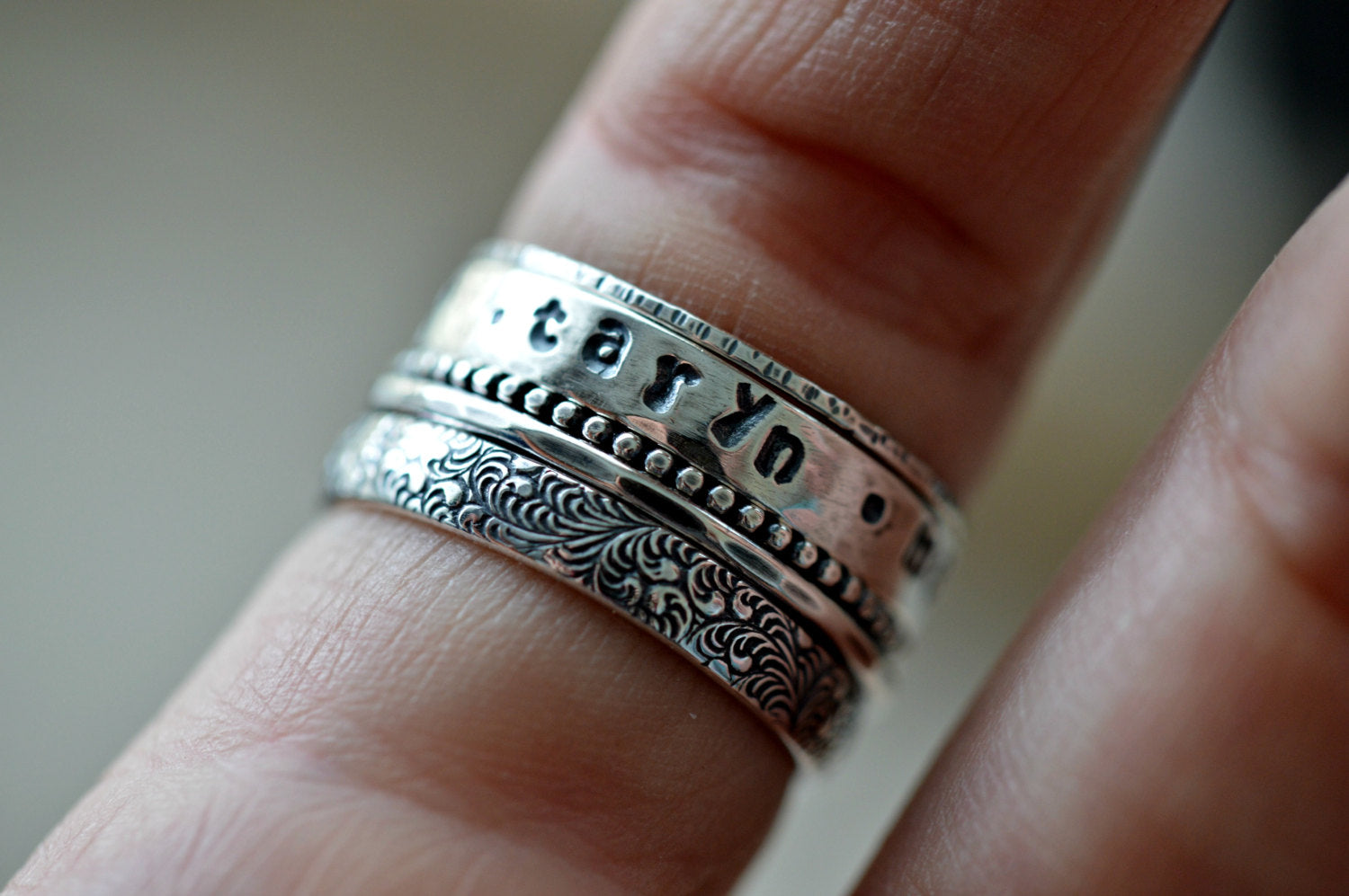 Double Name Rings for Couples - Stacking Name Rings