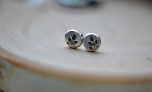 Small silver studs, stud earrings , leaf earrings, stamped studs, sprout earrings