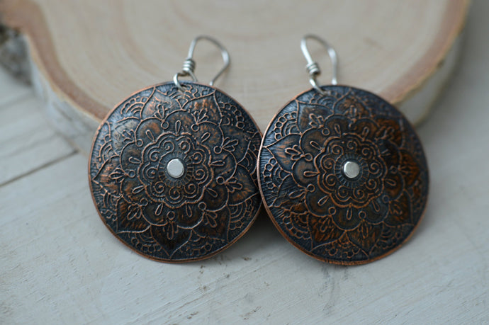 Copper mandala flower earrings