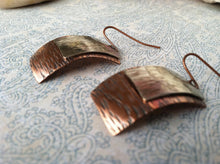 Load image into Gallery viewer, Sleek copper and silver earrings,  hammered metal earrings, mixed metal

