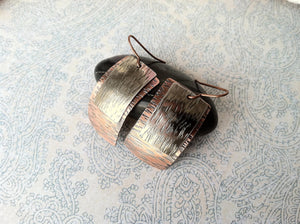 Sleek copper and silver earrings,  hammered metal earrings, mixed metal
