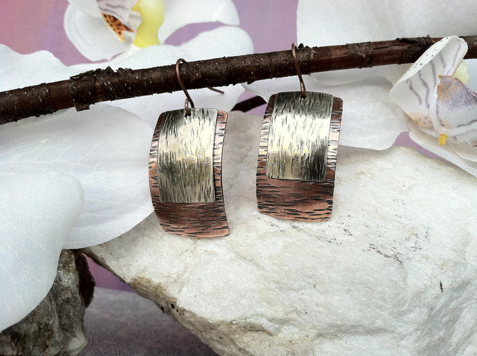 Sleek copper and silver earrings,  hammered metal earrings, mixed metal