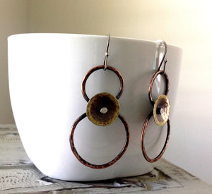 Mixed metal earrings, copper and brass circles, rustic jewelry, hammered metal earrings