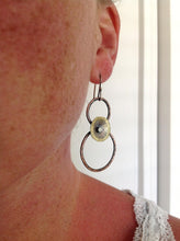 Load image into Gallery viewer, Mixed metal earrings, copper and brass circles, rustic jewelry, hammered metal earrings
