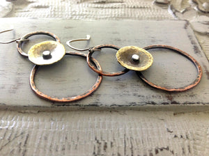 Mixed metal earrings, copper and brass circles, rustic jewelry, hammered metal earrings