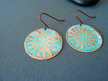 Load image into Gallery viewer, Rustic mint-green copper earrings, etched copper earrings, turquoise patina, handmade jewelry
