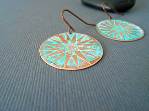 Rustic mint-green copper earrings, etched copper earrings, turquoise patina, handmade jewelry
