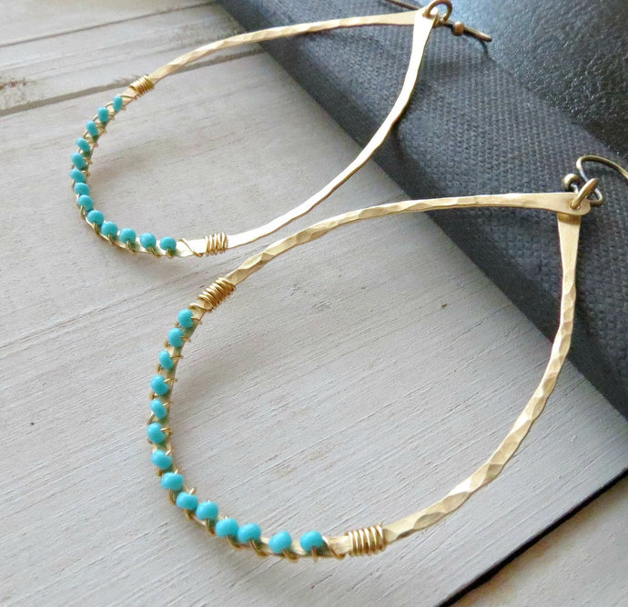 Hammered brass teardrops wirewrapped with turquoise colored beads