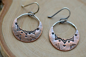 Copper crescent stamped earrings
